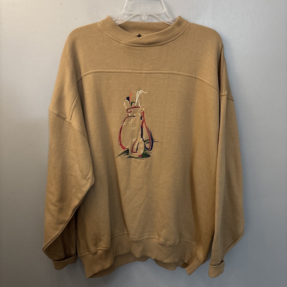 Vintage 90's Tan Sweatshirt Embroidered Golf Themed Mens Size Large Grandpacore